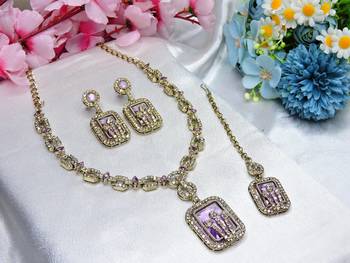 Purple yellow gold premium designer american diamond and stone work necklace set 2