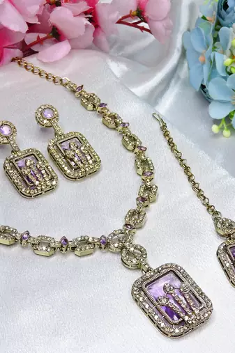 Purple yellow gold premium designer american diamond and stone work necklace set