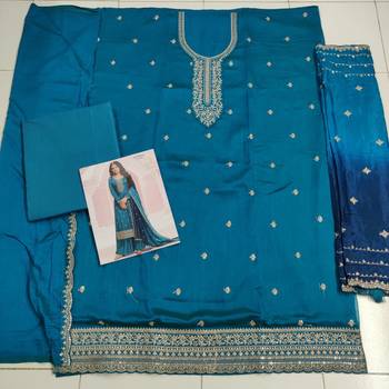 Teal Blue Green Premium Vichitra Silk Salwar Suit Semi 3