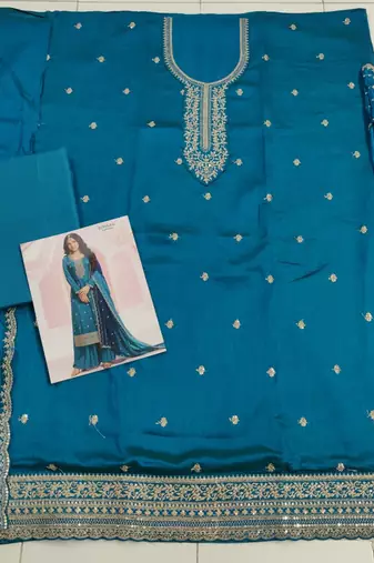 Teal Blue Green Premium Vichitra Silk Salwar Suit Semi