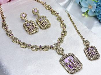 Purple yellow gold premium designer american diamond and stone work necklace set 3