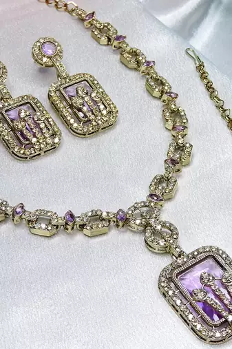 Purple yellow gold premium designer american diamond and stone work necklace set