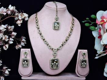 Green yellow gold premium designer american diamond and stone work necklace set 1