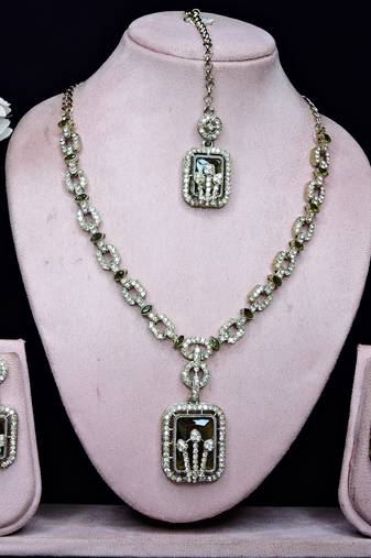 Green yellow gold premium designer american diamond and stone work necklace set