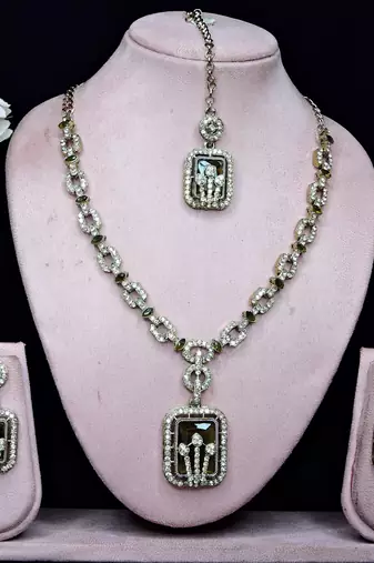 Green yellow gold premium designer american diamond and stone work necklace set
