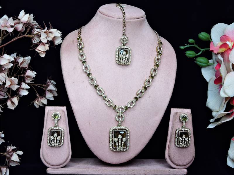 Green yellow gold premium designer american diamond and stone work necklace set