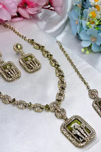 Green yellow gold premium designer american diamond and stone work necklace set