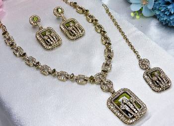 Green yellow gold premium designer american diamond and stone work necklace set 3