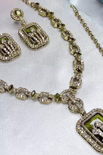 Green yellow gold premium designer american diamond and stone work necklace set