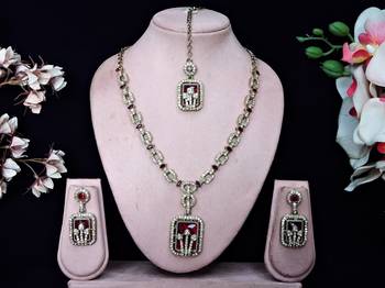 Maroon yellow gold premium designer american diamond and stone work necklace set 1