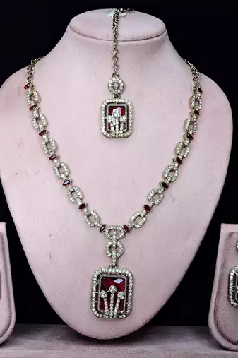 Maroon yellow gold premium designer american diamond and stone work necklace set