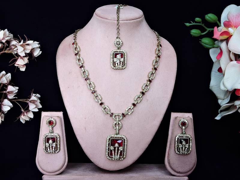 Maroon yellow gold premium designer american diamond and stone work necklace set