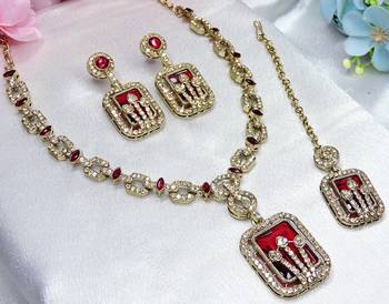 Maroon yellow gold premium designer american diamond and stone work necklace set 2