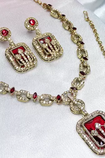 Maroon yellow gold premium designer american diamond and stone work necklace set
