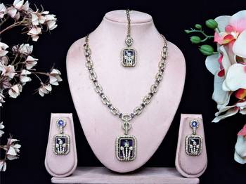 Blue yellow gold premium designer american diamond and stone work necklace set 1