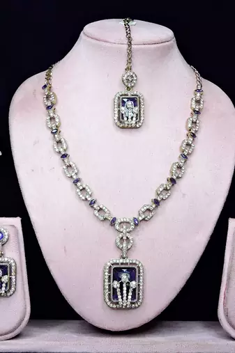 Blue yellow gold premium designer american diamond and stone work necklace set