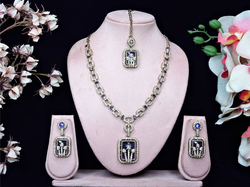 Blue yellow gold premium designer american diamond and stone work necklace set