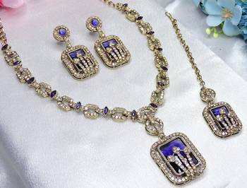 Blue yellow gold premium designer american diamond and stone work necklace set 2