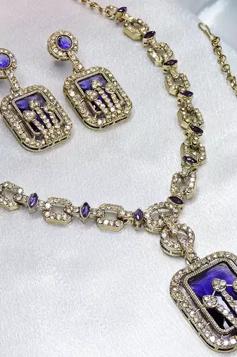 Blue yellow gold premium designer american diamond and stone work necklace set