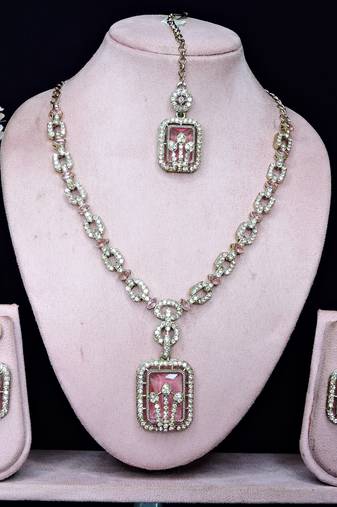 Pink yellow gold premium designer american diamond and stone work necklace set