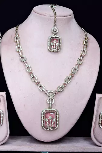 Pink yellow gold premium designer american diamond and stone work necklace set