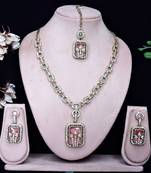 Pink yellow gold premium designer american diamond and stone work necklace set