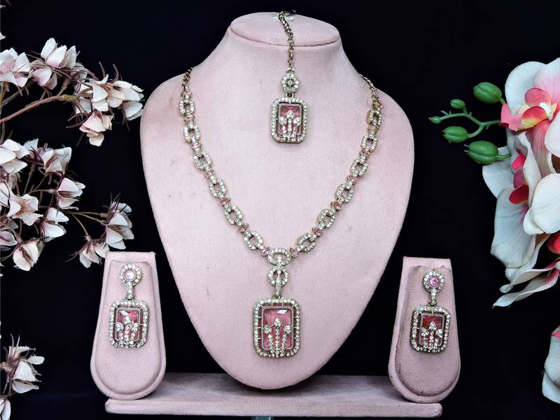 Pink yellow gold premium designer american diamond and stone work necklace set