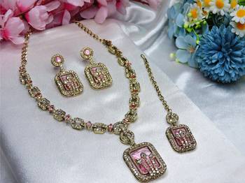 Pink yellow gold premium designer american diamond and stone work necklace set 2