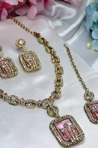 Pink yellow gold premium designer american diamond and stone work necklace set