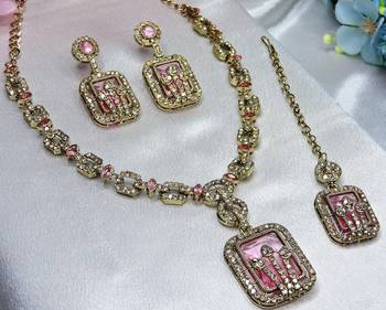 Pink yellow gold premium designer american diamond and stone work necklace set 3
