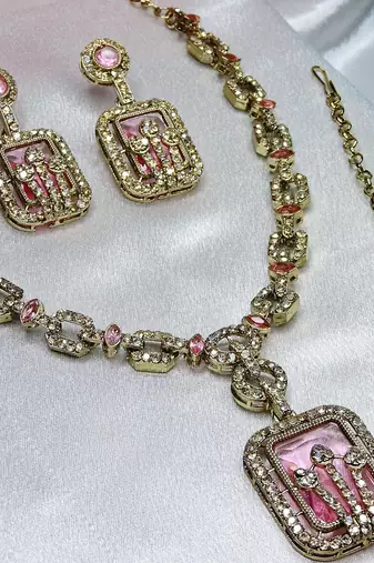 Pink yellow gold premium designer american diamond and stone work necklace set