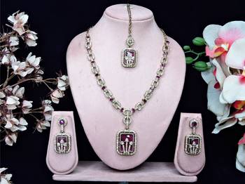 Purple yellow gold premium designer american diamond and stone work necklace set 1