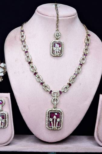 Purple yellow gold premium designer american diamond and stone work necklace set