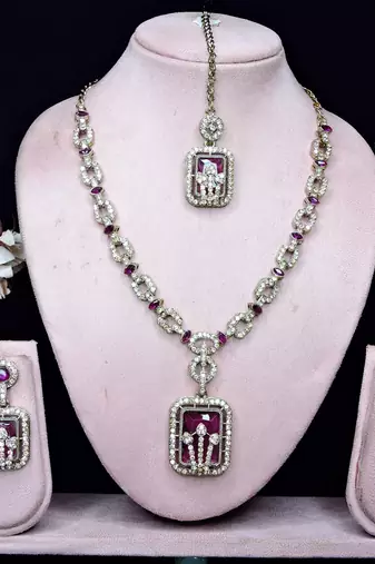 Purple yellow gold premium designer american diamond and stone work necklace set