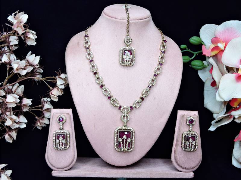 Purple yellow gold premium designer american diamond and stone work necklace set
