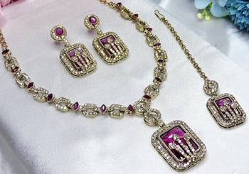 Purple yellow gold premium designer american diamond and stone work necklace set 2