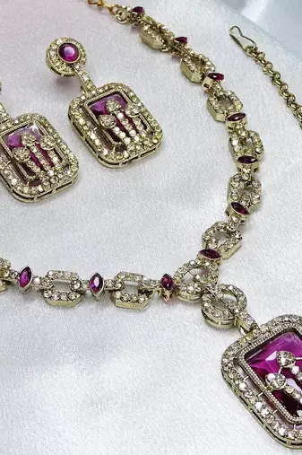 Purple yellow gold premium designer american diamond and stone work necklace set