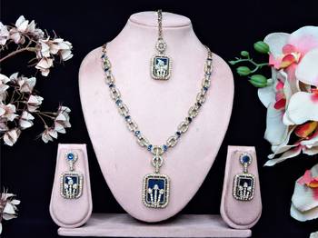Blue yellow gold premium designer american diamond and stone work necklace set 1