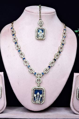 Blue yellow gold premium designer american diamond and stone work necklace set