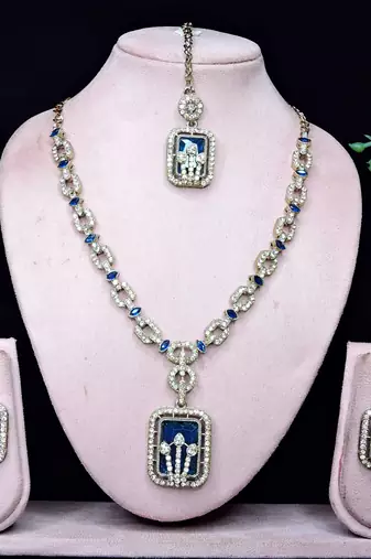 Blue yellow gold premium designer american diamond and stone work necklace set