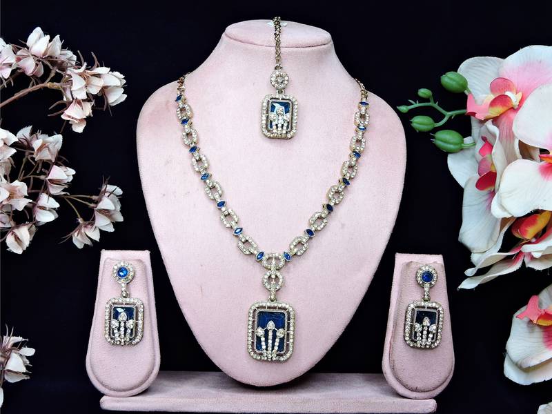 Blue yellow gold premium designer american diamond and stone work necklace set