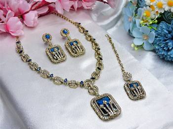 Blue yellow gold premium designer american diamond and stone work necklace set 2