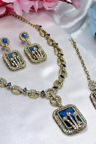Blue yellow gold premium designer american diamond and stone work necklace set