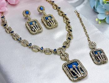 Blue yellow gold premium designer american diamond and stone work necklace set 3