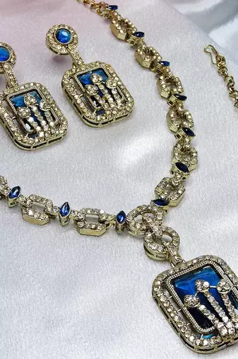 Blue yellow gold premium designer american diamond and stone work necklace set