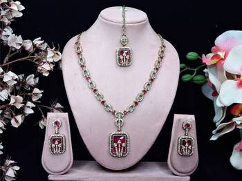 Pink yellow gold premium designer american diamond and stone work necklace set 1