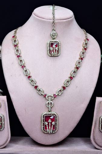 Pink yellow gold premium designer american diamond and stone work necklace set