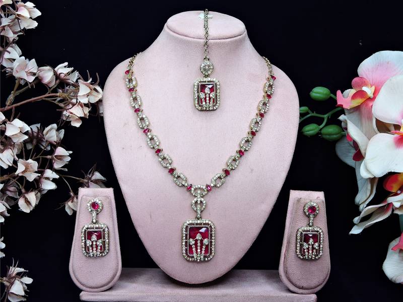 Pink yellow gold premium designer american diamond and stone work necklace set