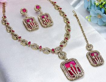 Pink yellow gold premium designer american diamond and stone work necklace set 2