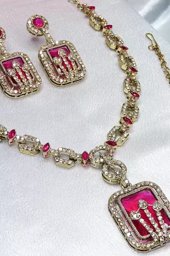 Pink yellow gold premium designer american diamond and stone work necklace set